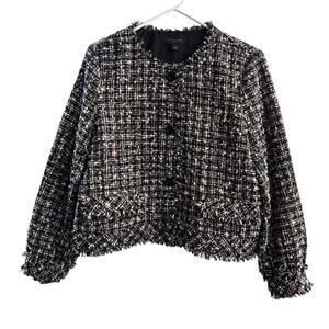 NWT Ann Taylor Metallic Black Fringe Tweed Lady Jacket LG Petite Academia Preppy
